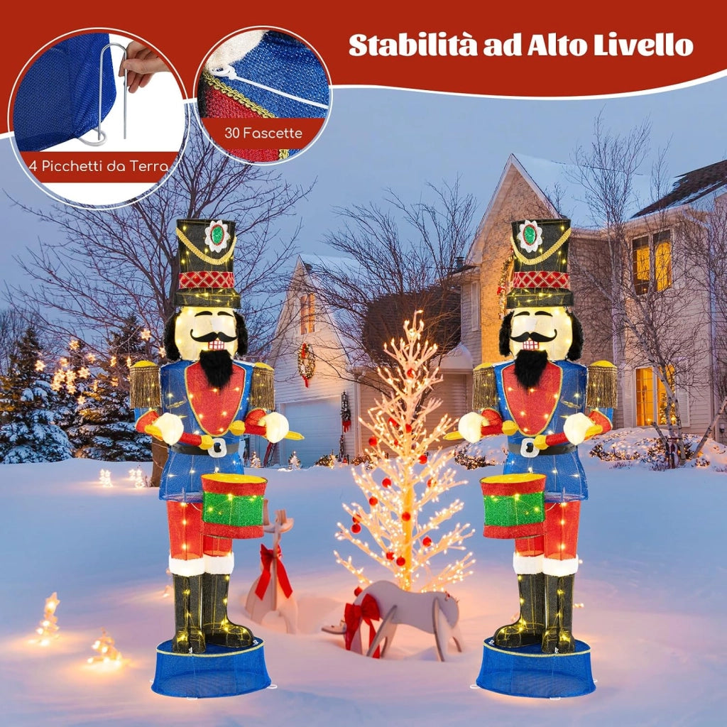 Soldato di Natale Illuminato 185 cm, Soldatino Schiaccianoci Illuminato con 100 Luci LED, Decorazioni Natalizie per Interno ed Esterno (Modello 2)