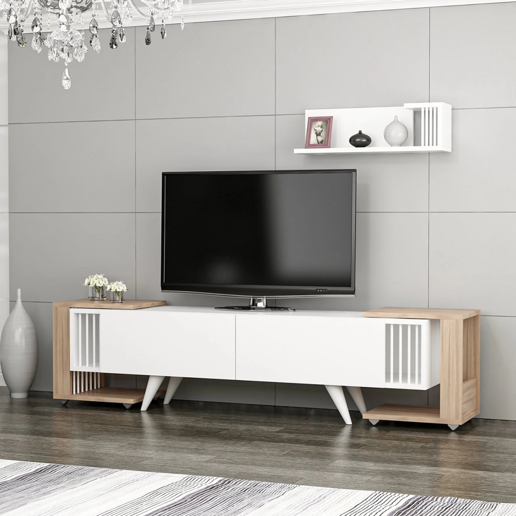 Set di Mobili da Soggiorno 'Glostrup' Composto di Mensola da Muro, Mobile Porta TV e 2 Tavolini - Rovere  / Bianco [en.casa]