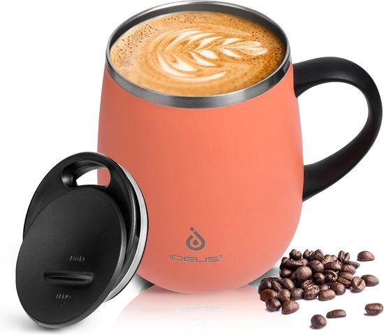 Caffè e tè 470 ml (16 oz), tazza a doppia parete in acciaio inossidabile a vuoto con manico antiscivolo e coperchio a scomparsa e grande capacità (rosa)