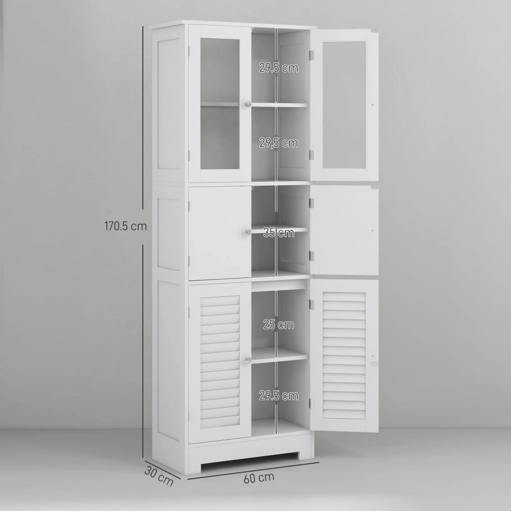 Mobile Colonna Bagno con 3 Armadietti e Ante in Vetro e a Persiana, 60x30x170.5cm, Bianco