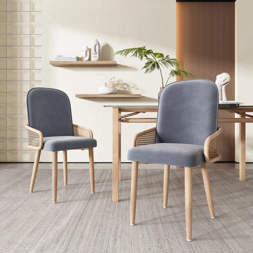 Set di 2 sedie da pranzo in velluto; rattan PE e metallo; grigie