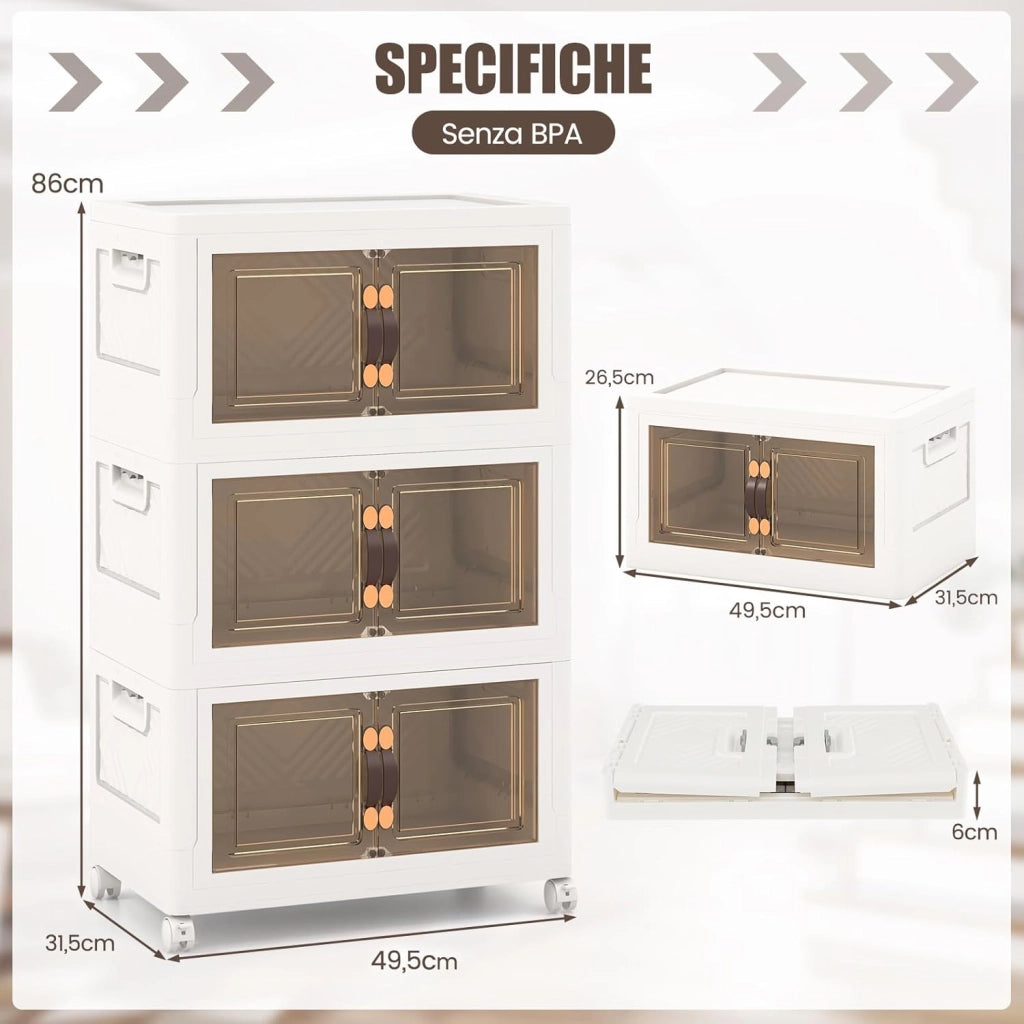 Set di Contenitori in PP, Contenitori Plastica con Coperchio, Scatola Portaoggetti Pieghevoli con Ruote, per Soggiorno, Camera da Letto, Cucina (L-Set di 3)