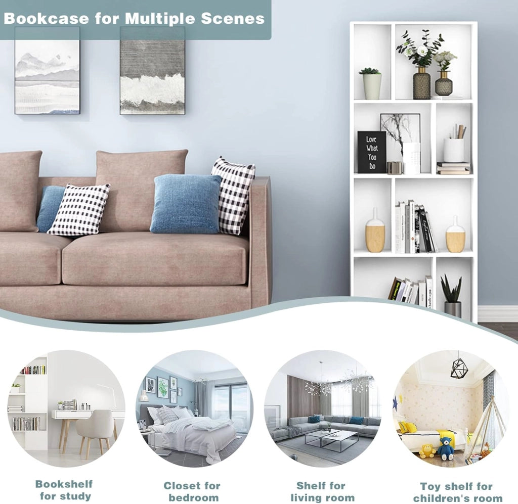 Libreria Scaffale a 4 Ripiani, Libreria a Cubi, Portaoggetti Autoportante, Scaffale Espositivo con 8 Scomparti Aperti, per Salotto Camera da Letto, in Legno Bianco, 60x29x143,5 cm, SK032ws