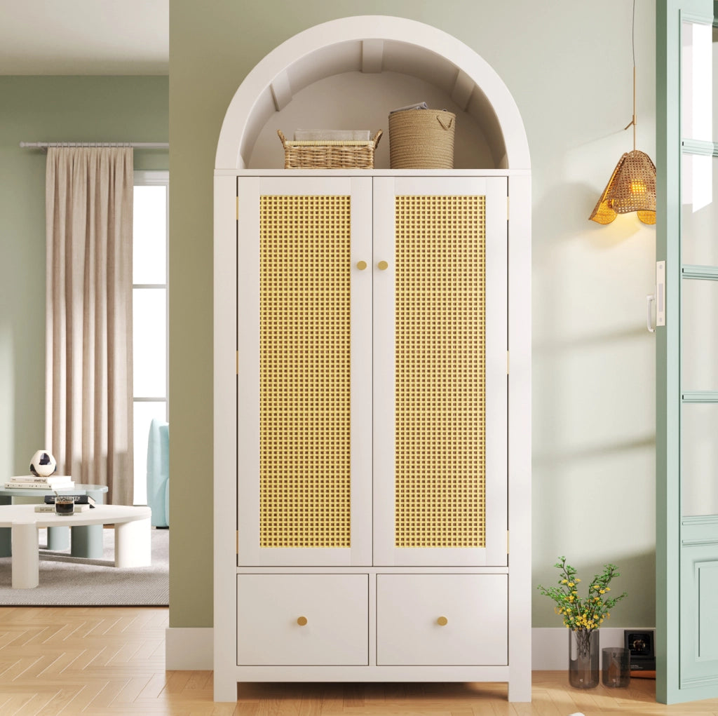 Armadio ad arco con intreccio in rattan, bianco, con 2 cassetti e asta appendiabiti