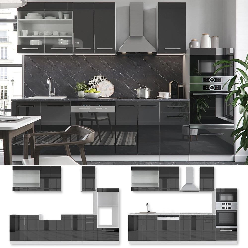 Cucina componibile Fame-Line Antracite lucido/Bianco 300 cm con armadio alto, PL Antracite Vicco