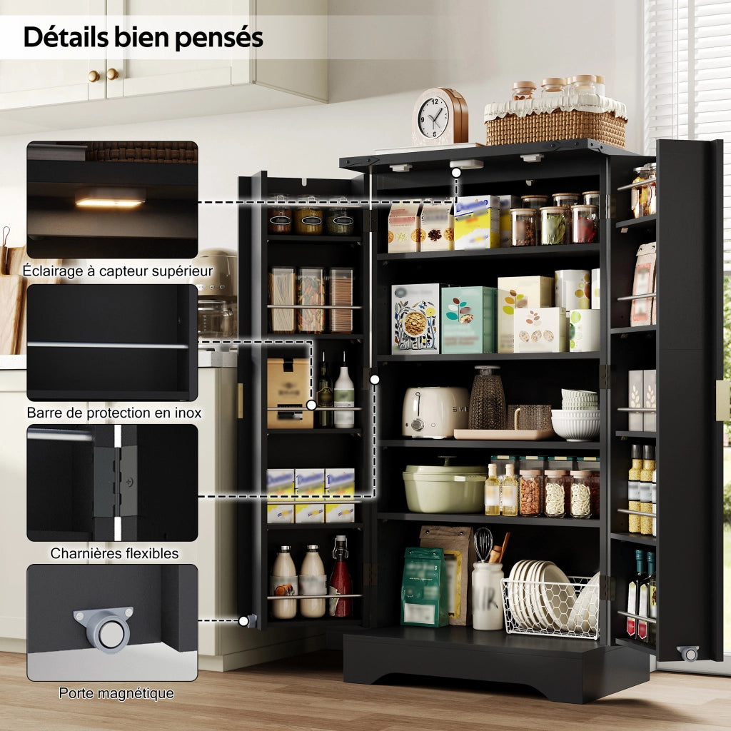 Dispensa alta con LED e ripiani regolabili con 2 ante e vani per cucina e soggiorno in MDF nero 120 × 60,5 × 40 cm