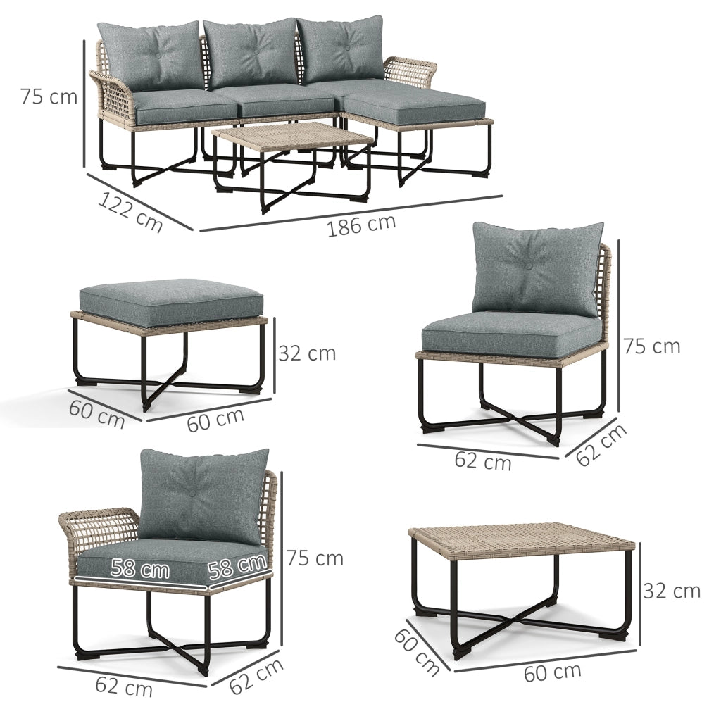 Set da Giardino 5 Pezzi in Rattan con 2 Sedie Laterali, Sedia Centrale e 2 Sgabelli/Tavolini da Caff¨¨