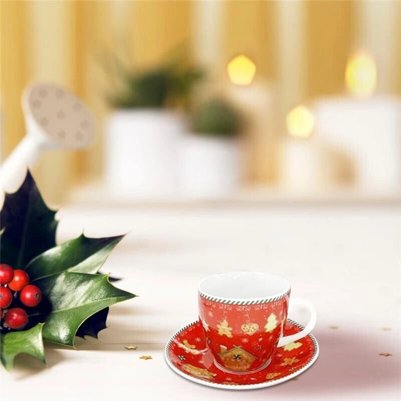 MA MAISON SET 4 TAZZE 210 CC CON PIATTINO STILE COOKIES ROSSE E VERDI IDEA REGALO