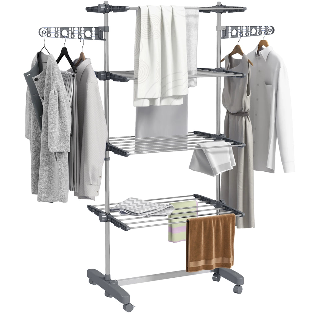 Stendibiancheria pieghevole a 5 ripiani ¨C Xylo ¨C sistema one-click, 142x55x172 cm, grigio e argento