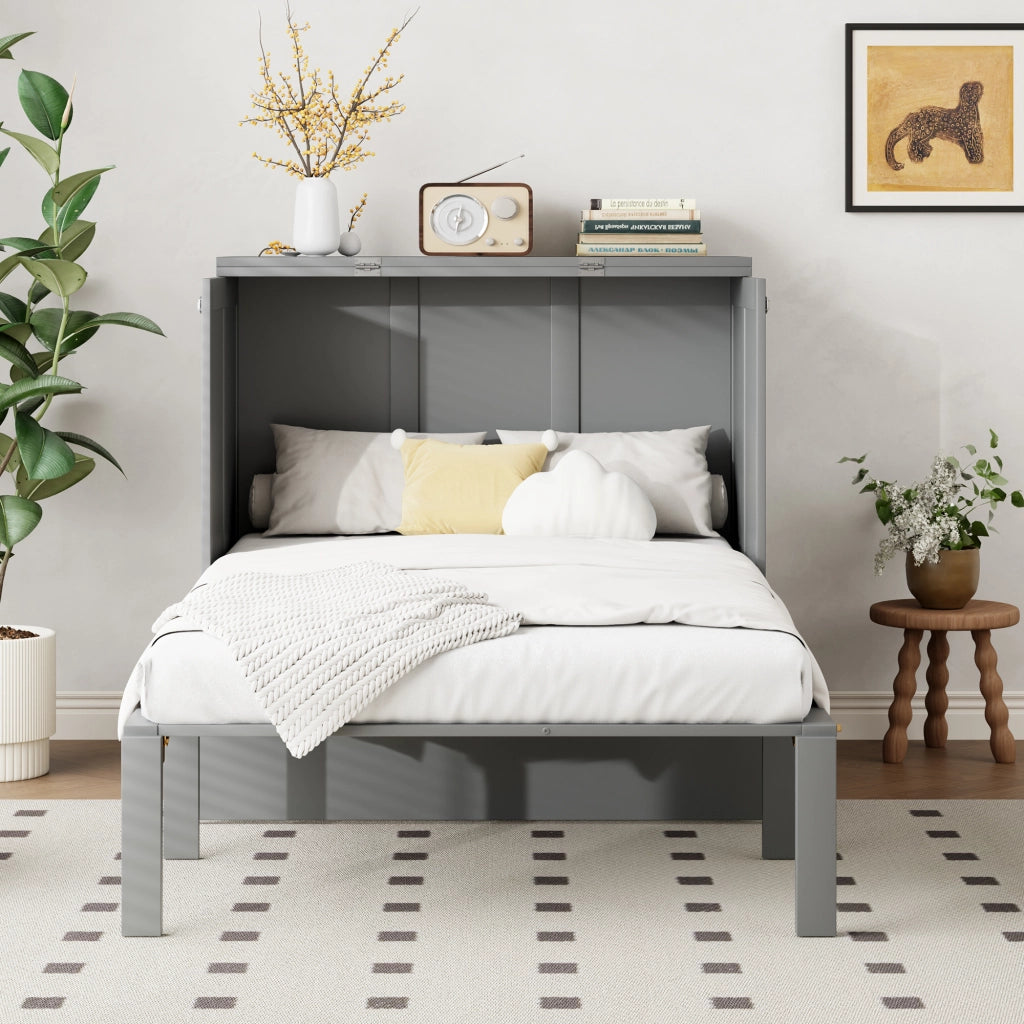 Letto a scomparsa verticale singolo 90×200 cm salvaspazio con rete; senza materasso; legno; grigio