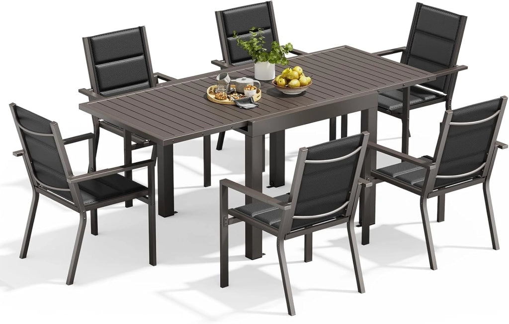 6 Persone Set Tavolo e Sedie Da Giardino In Alluminio, 6 Sedie Impilabili e 1 80-160CM Tavolo Da Giardino Allungabile In Alluminio, Set Da Giardino Esterno, Marrone