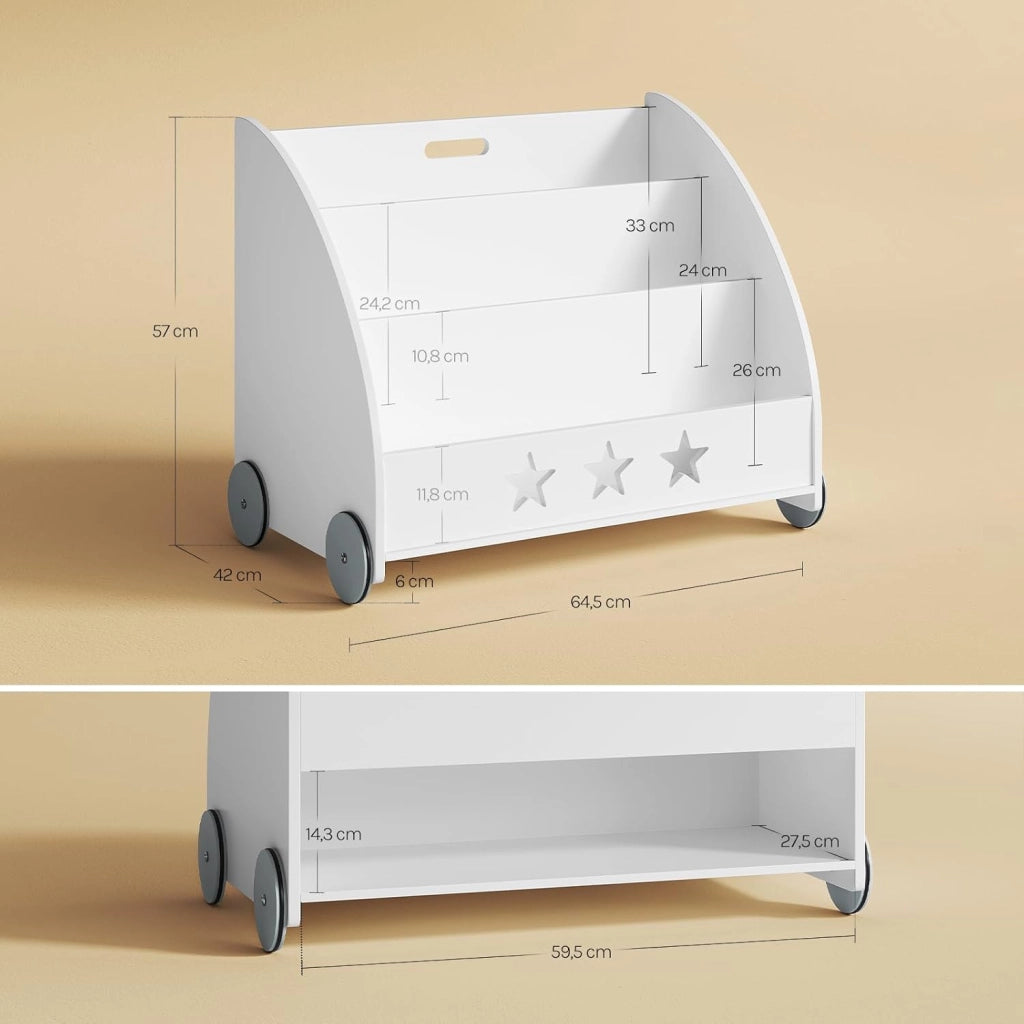 Libreria per bambini in legno, scaffale per giocattoli a 3 livelli, organizza libri con ruote cameretta, bianco