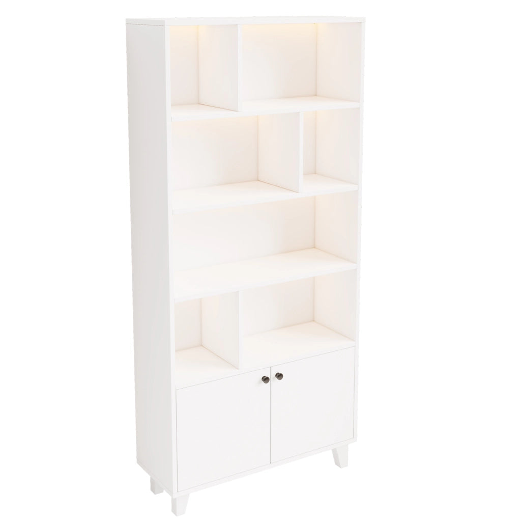 Libreria 80x30x173 cm in MDF bianco， LED via app， 2 ante