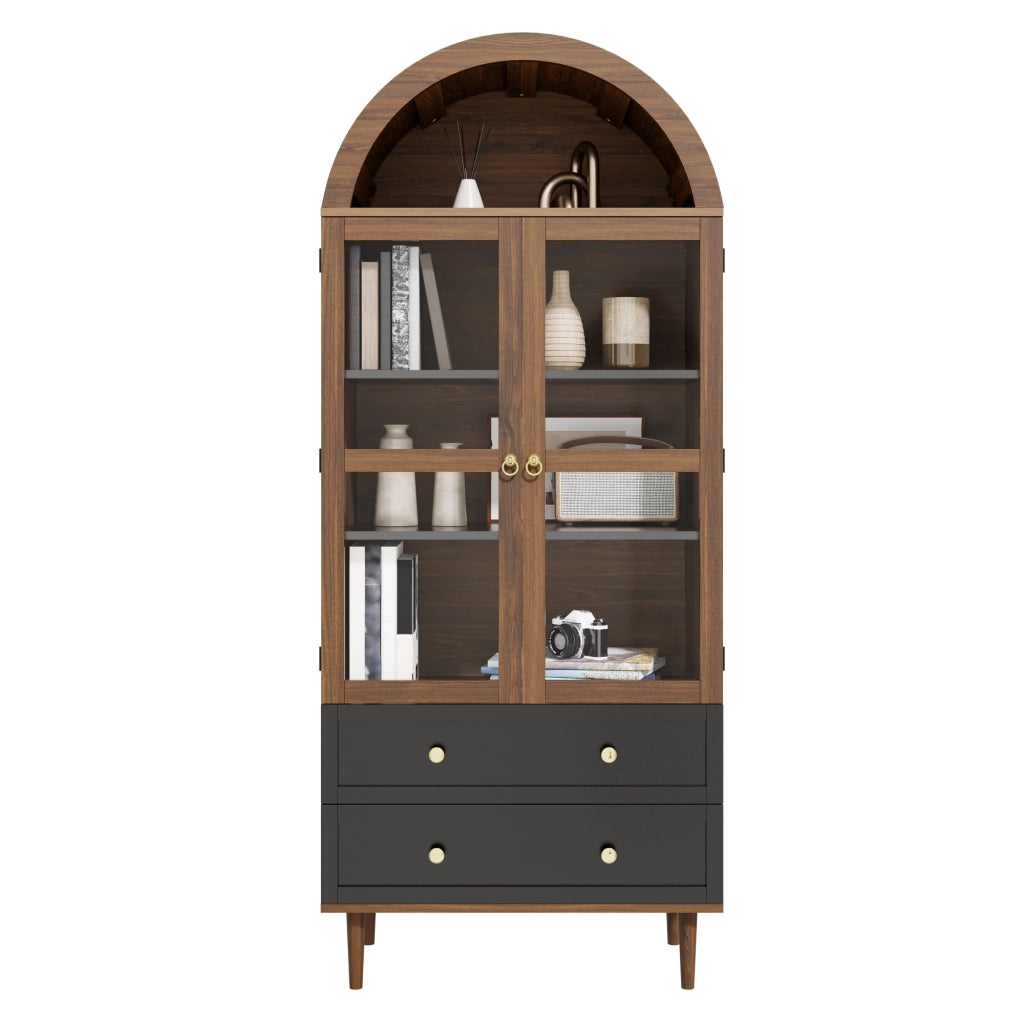 OKWISH Credenza Contenitore con Ripiani Regolabili e Anta in Vetro Rigato, Stile Retrò Moderno, MDF, Noce
