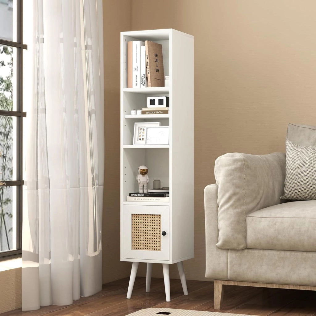 Armadio autoportante con anta in rattan, mobile a colonna con ripiano regolabile, libreria a piedi con dispositivo anti-ribaltamento, per soggiorno, sala studio (bianco)