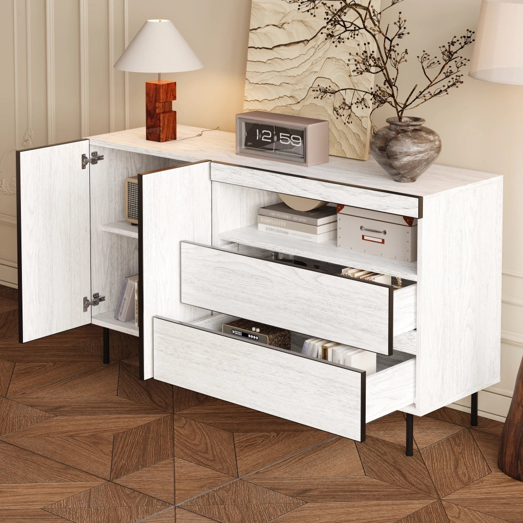 Credenza con 2 Ante; 2 Cassetti e Ripiani a Vista; Stile Minimalista; in Pannello Truciolare; Bianco; 140??42??77 cm