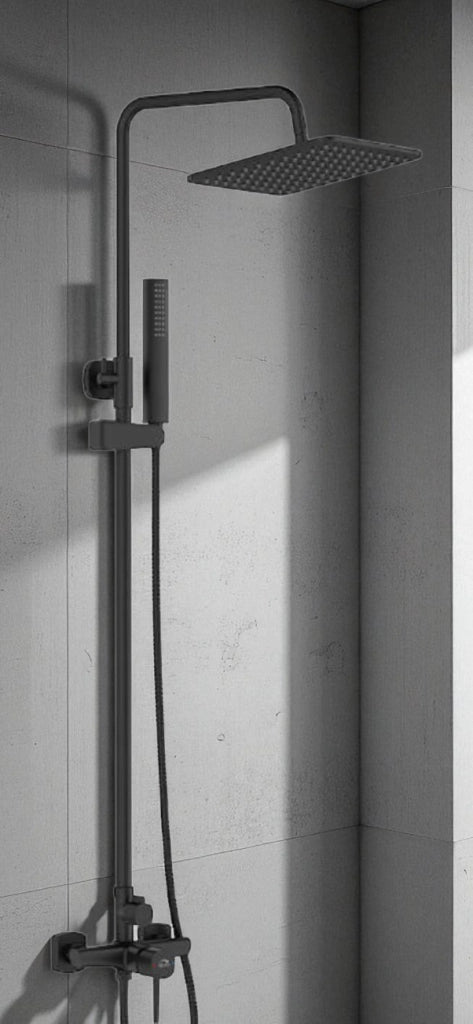 Colonna doccia con miscelatore | Set doccia minimalista, soffione a pioggia, sistema anticalcare, nero