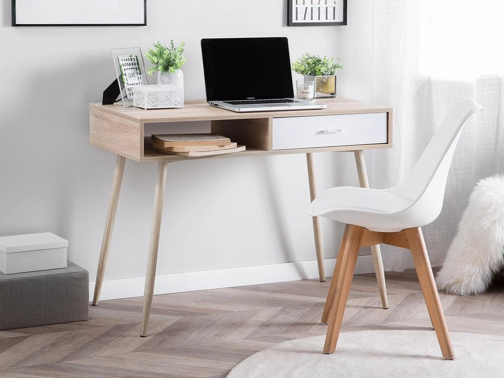 Scrivania da Ufficio in Legno Chiaro e Bianco 100 x 48 cm Cassetto Scaffale Scandinavo