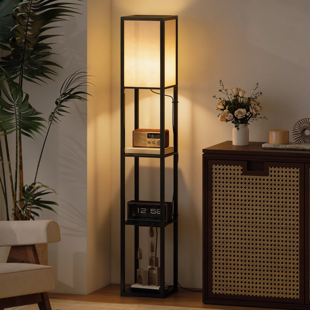 Lampada da Terra con Ripiani ¨C Xylo ¨C Luce Regolabile, USB, Interruttore a Pedale, Nero