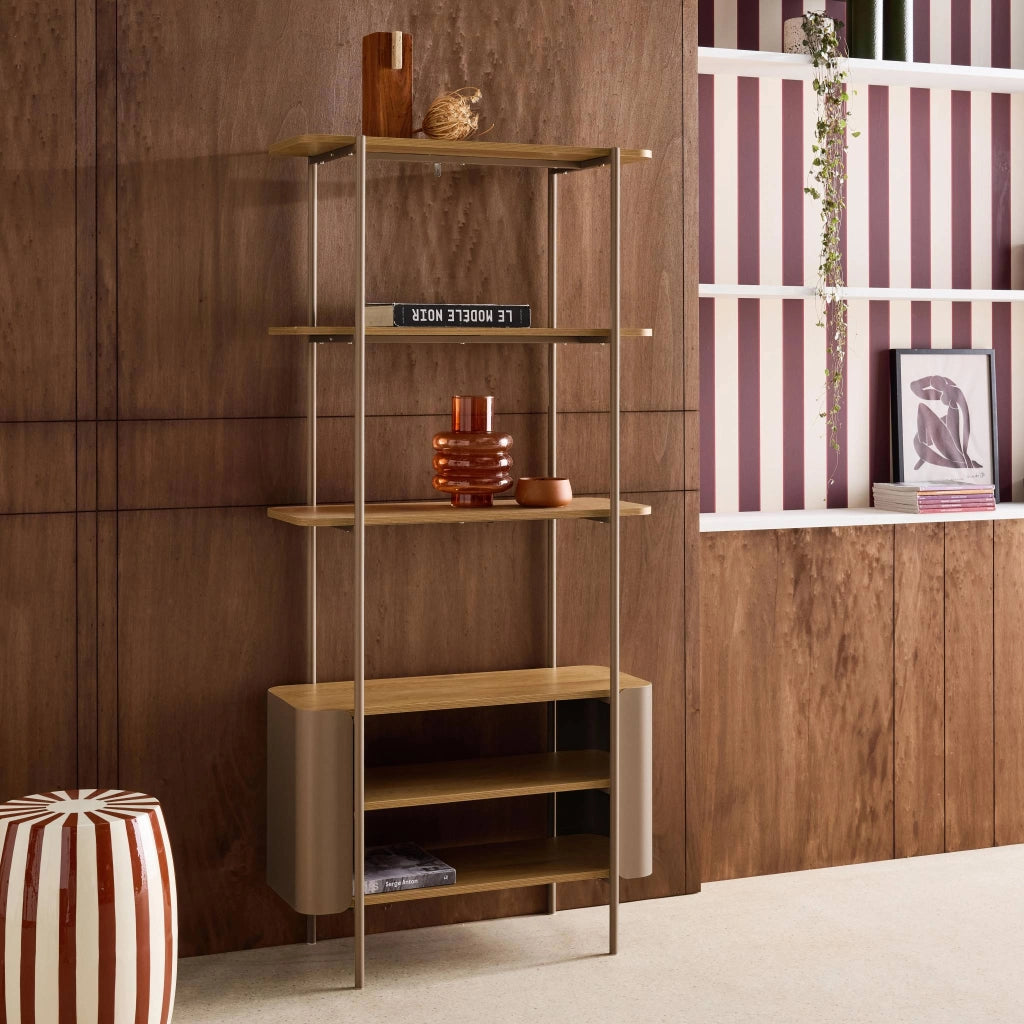 Libreria in metallo curvato e legno a 6 livelli, marrone