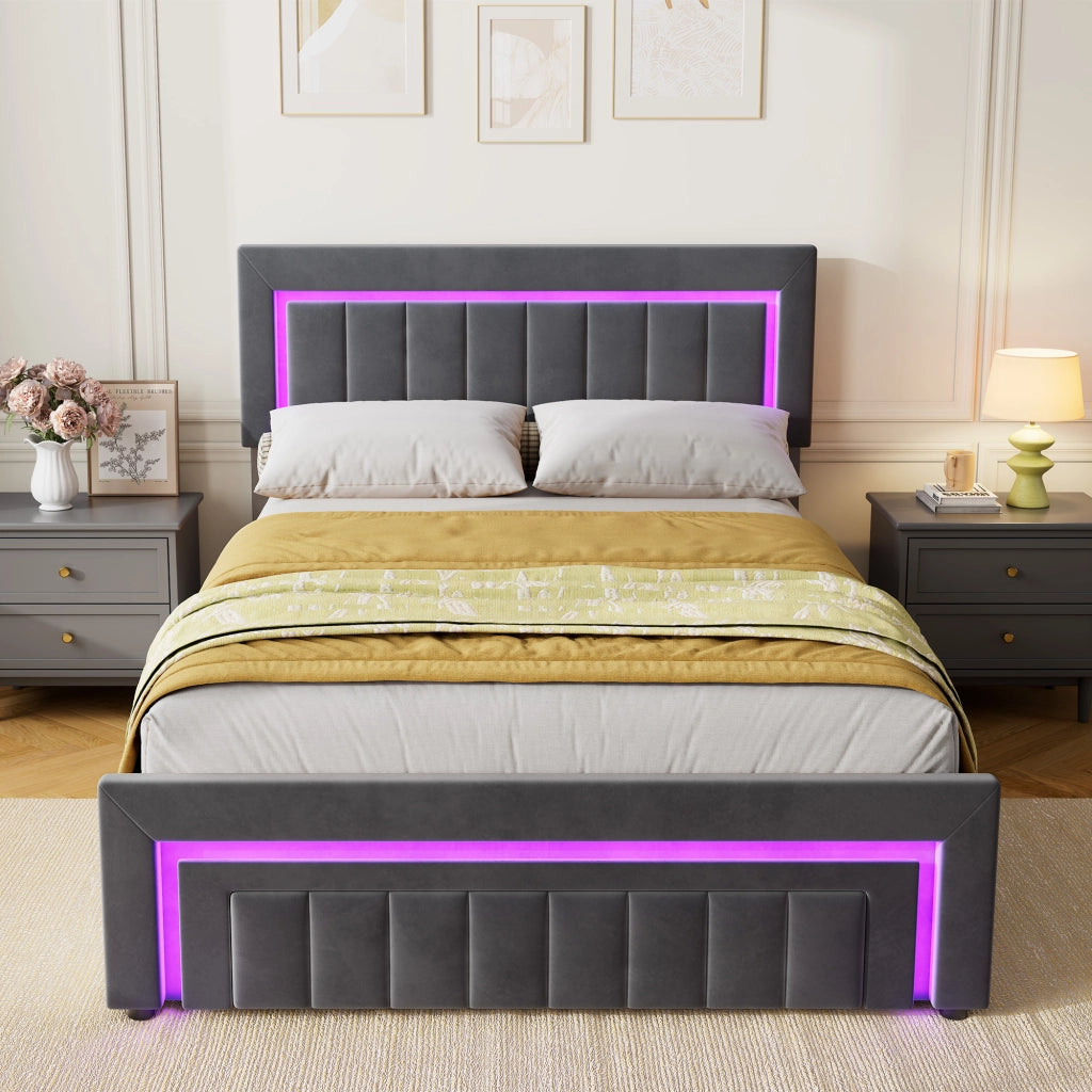 Letto matrimoniale contenitore 140x190 cm grigio antracite in velluto con LED, cassetto e rete a doghe
