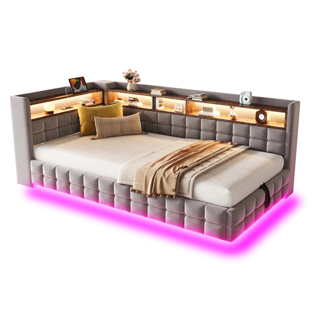 Divano letto imbottito 90x200 cm con LED e ricarica USB-C