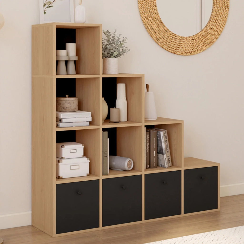 IDMarket - LORYS Contenitore a 4 livelli in legno e nero a gradini con 4 cassetti in tessuto