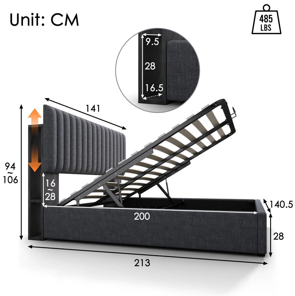 Letto matrimoniale 140x200 con LED, USB-C e vano contenitore