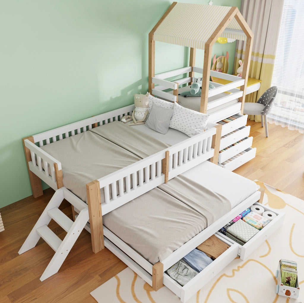 Letto a casetta per bambini con letto estraibile e cassetti