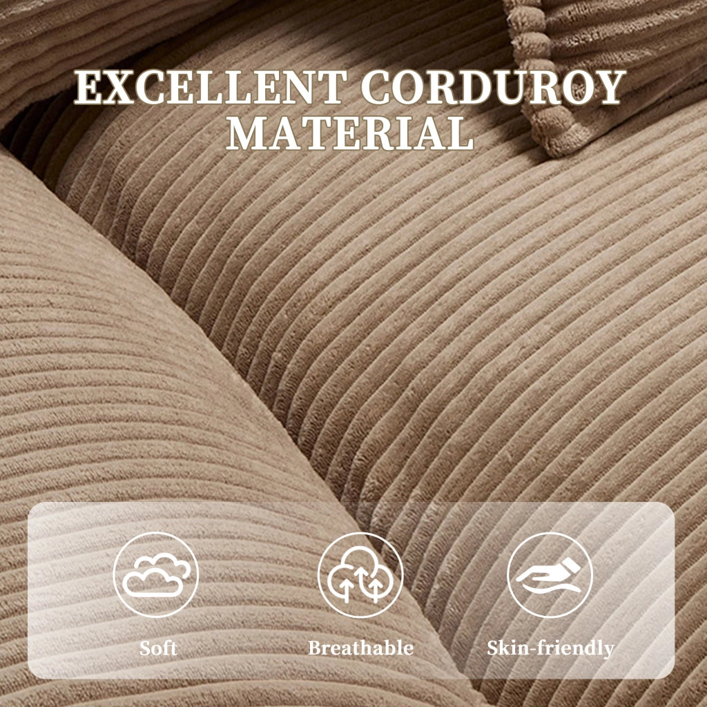 Divano 2 Posti con Seduta Extra Profonda, Braccioli Imbottiti e Cuscini, in Velluto a Coste, Cachi 224 × 81 × 81 cm