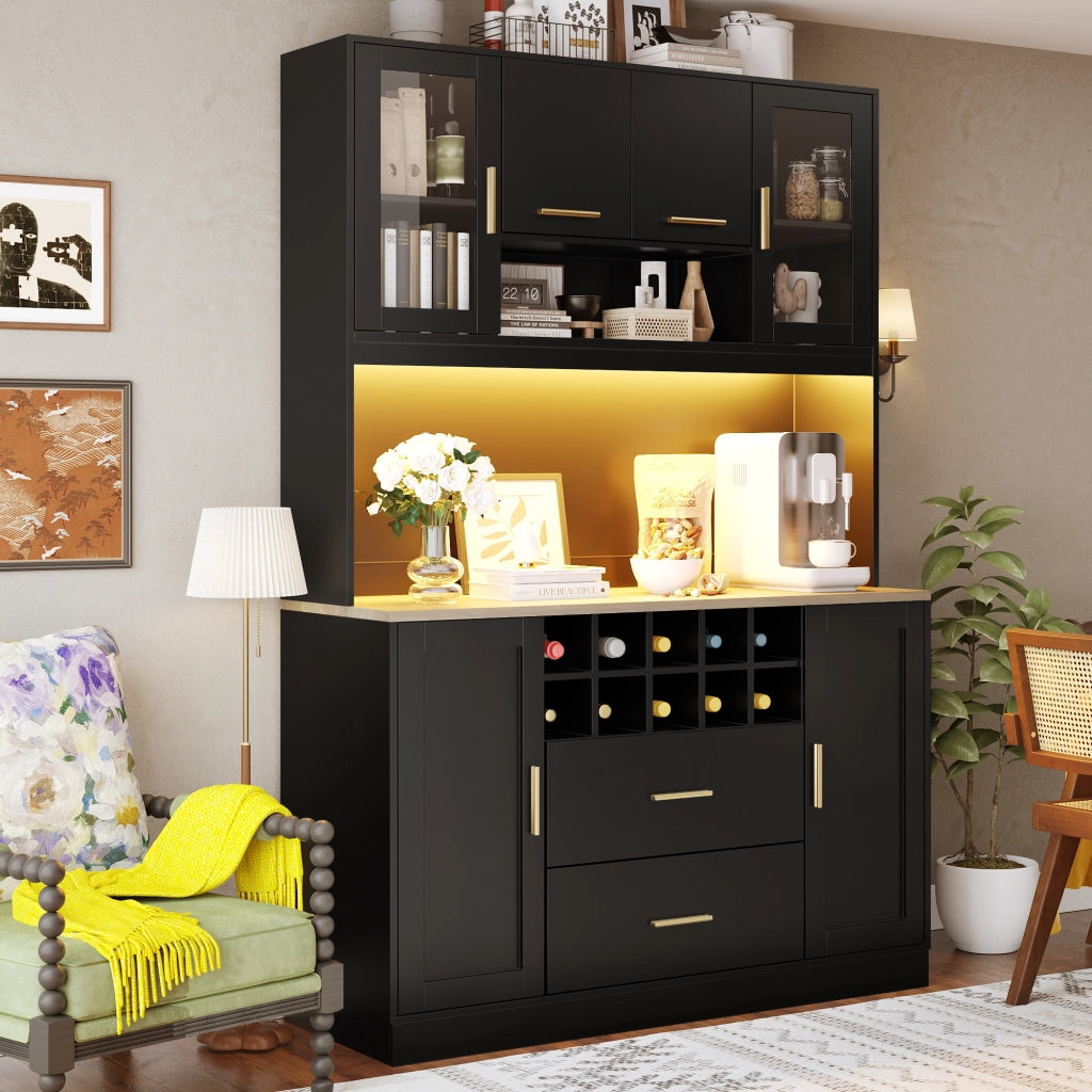 OKWISH Credenza Alta da Cucina con 6 Ante 2 Cassetti LED e Prese USB per Cucina MDF Nero 120 x 36.3 x 180 cm