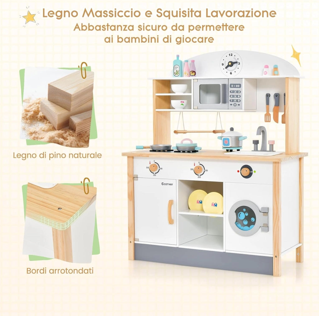 Cucina Giocattolo per Bambini in Legno, Set da Cucina per Bambini con Forno a Microonde, Accessori Vari per Cucinare, per Bambini 3 Anni +, TM-70, Bianco