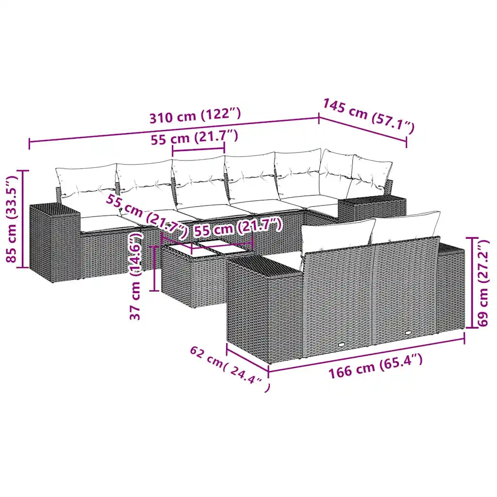 Set Divano da Giardino 9pz con Cuscini Grigio Chiaro Polyrattan 3255169