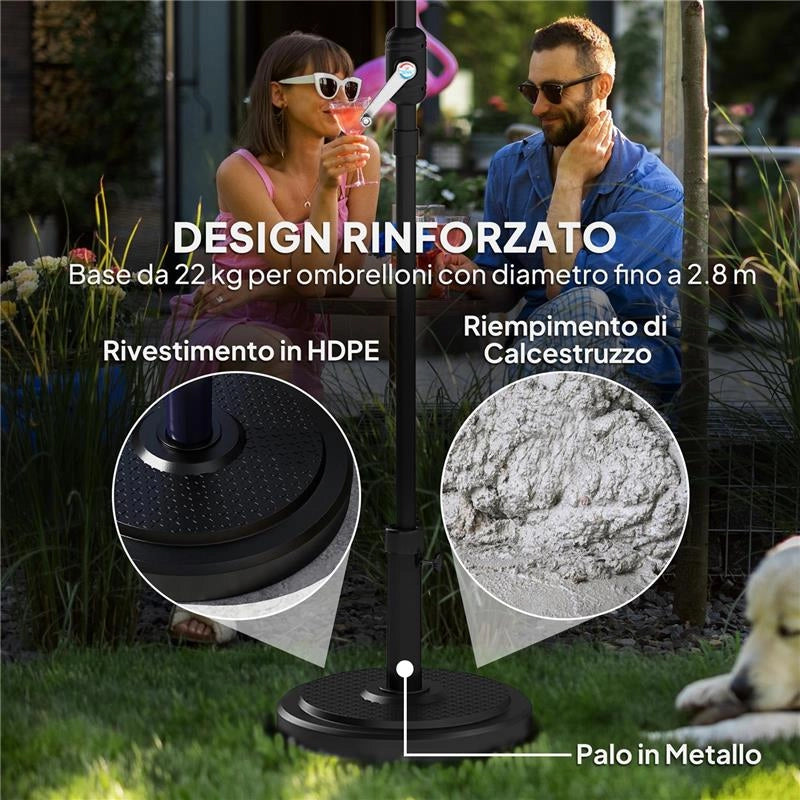 BASE PER OMBRELLONE DA 22 KG ROTONDA PER OMBRELLONI MAX 2.8 M E PALI DA 38 MM O 48 MM NERO
