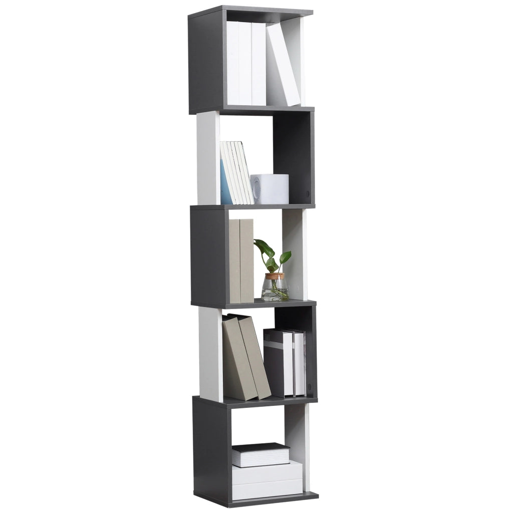 Libreria Moderna Salvaspazio a 5 Ripiani in Legno, 33x28x161cm, Grigio e Bianco