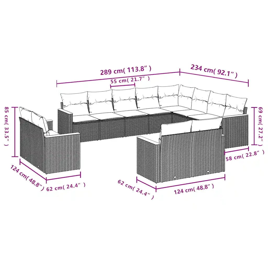 Set Divani da Giardino 12 pz con Cuscini Nero in Polyrattan 3226512