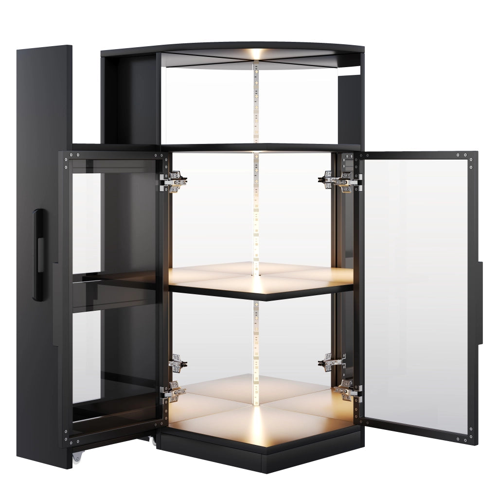 Vetrina in vetro nera con illuminazione LED e mobile laterale estraibile