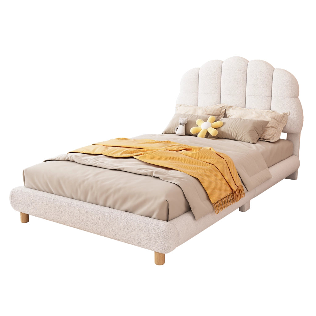 OKWISH Letto Bambino 90×200 cm, Letto Singolo con Testiera a Fiore in Peluche e Imbottitura Morbida, senza Materasso, Bianco