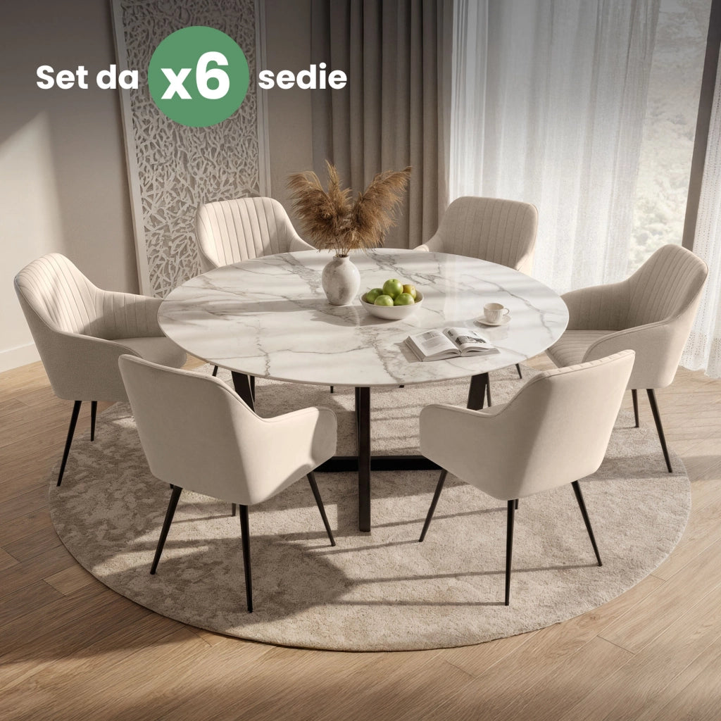 Set di 6 Sedie in velluto con cuciture verticali FLORENCE Beige gambe nere