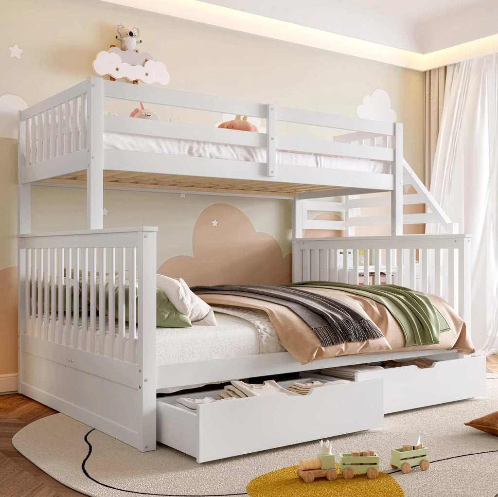 Letto a castello 90x200 e 140x200 cm in pino bianco con cassetti