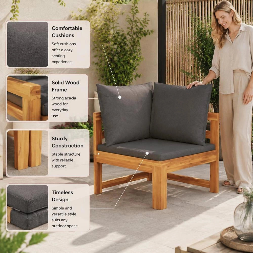 Corner Sofa With Dark Grey Cushions, Solid Acacia Wood