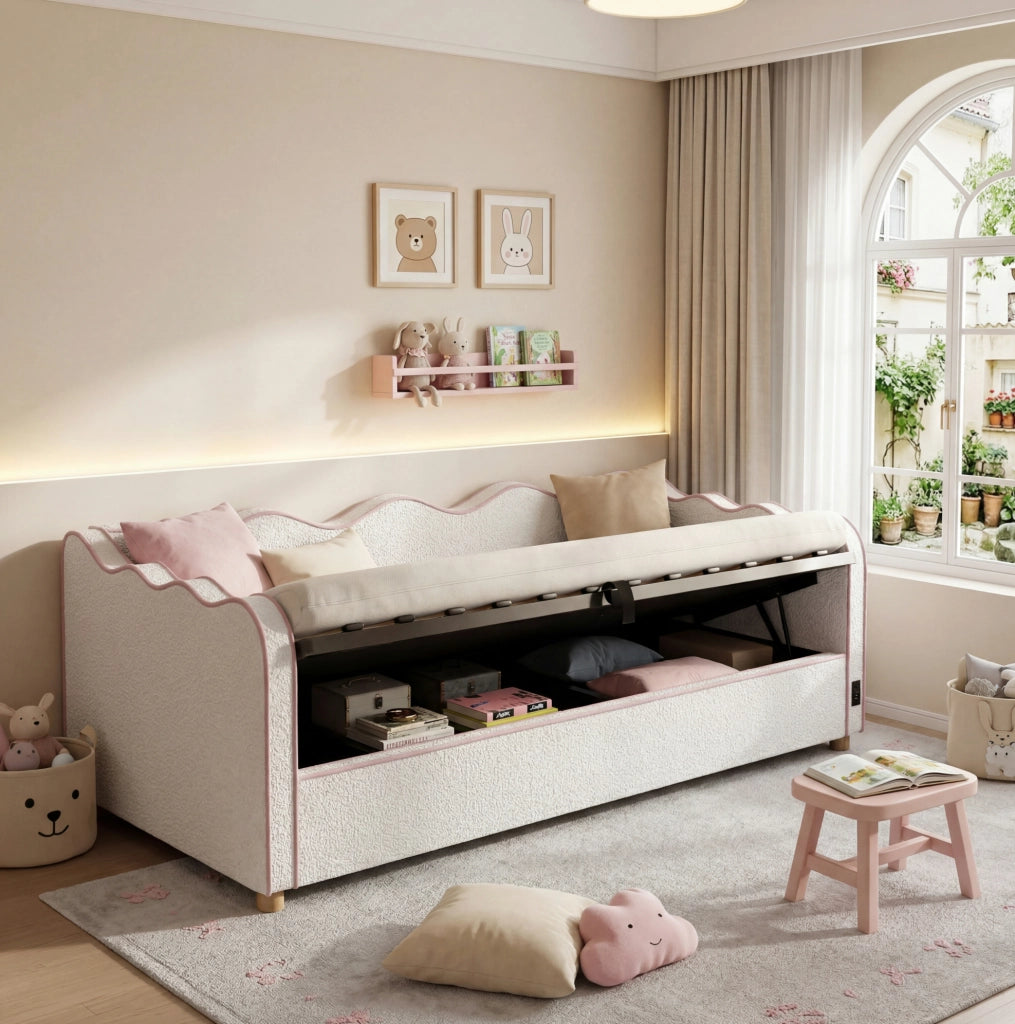 Letto imbottito 90x200 cm bouclé beige con vano contenitore