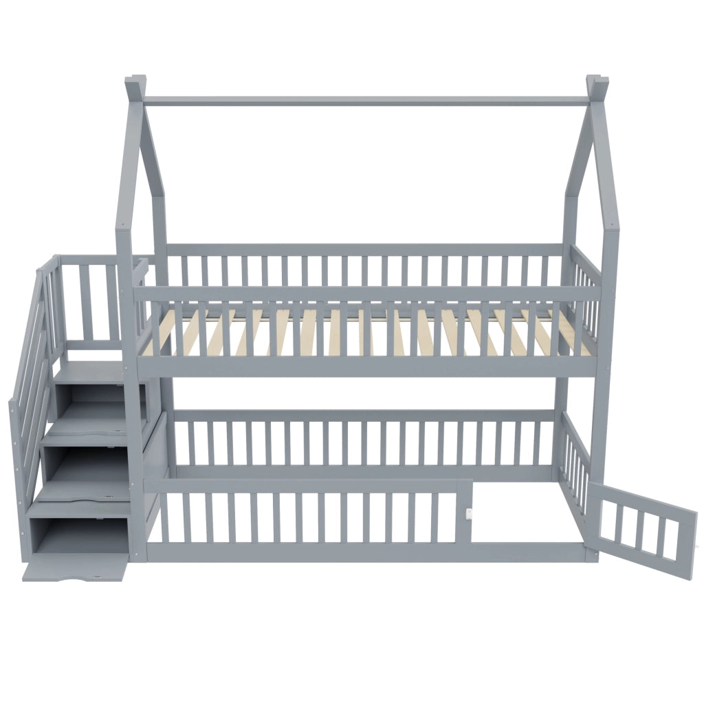 Letto a castello 90x200 cm con tetto; scala con cassetti e porticina in legno grigio