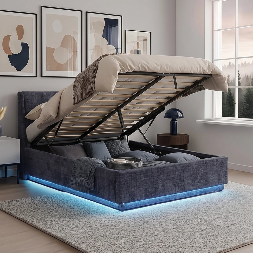 Letto Francese Contenitore Tröstiar con Apertura a Ribalta e Luce LED 140x200 cm - Effetto Lino Blu [en.casa]