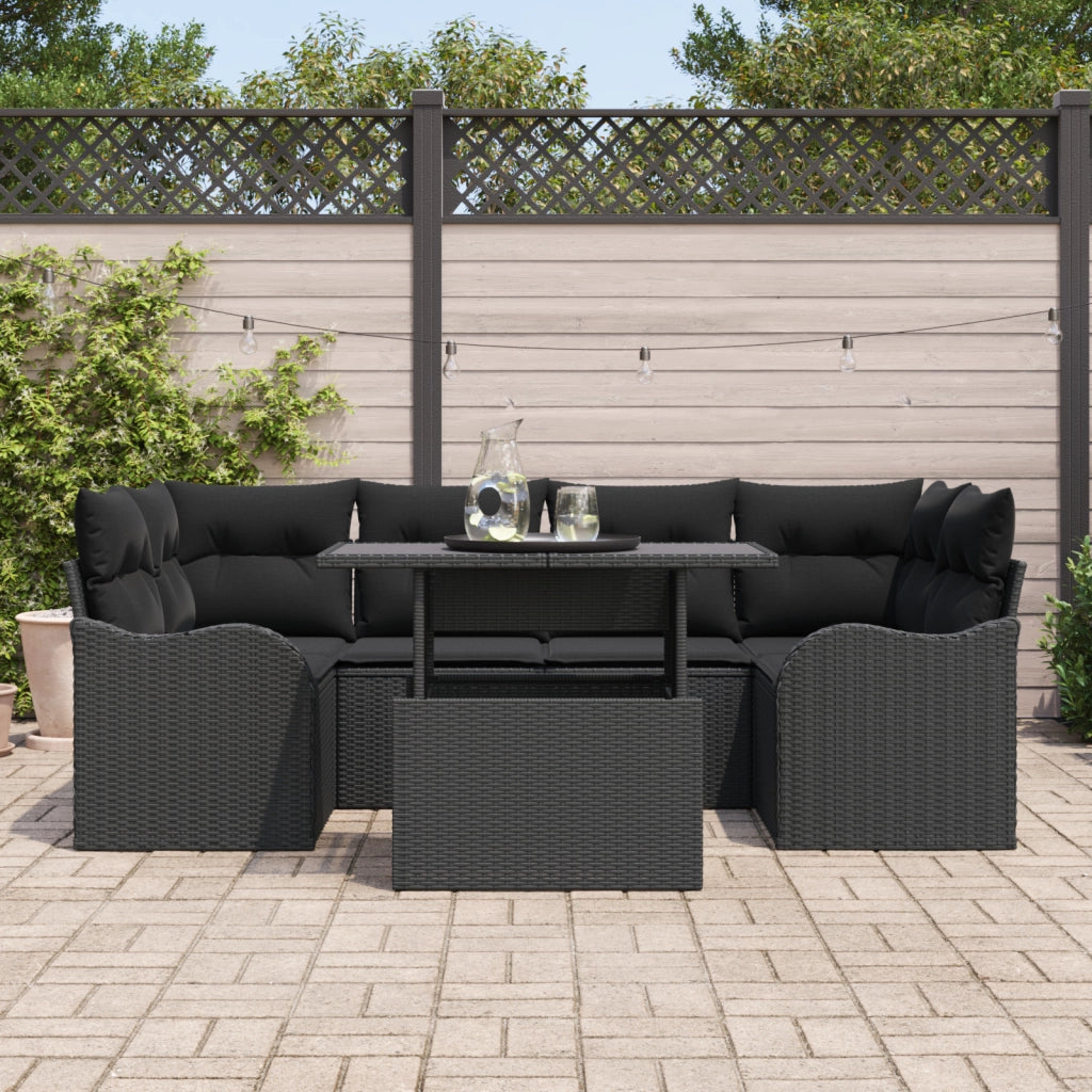 Set divano da giardino 7 pezzi con cuscini in rattan nero