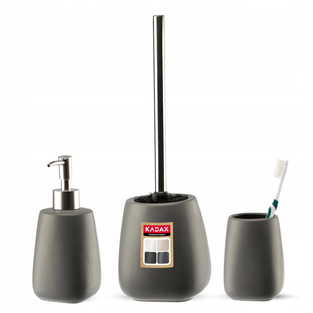 Set da bagno KADAX 3 in 1 con dispenser di sapone per WC, spazzolino e bicchiere, colore grigio.