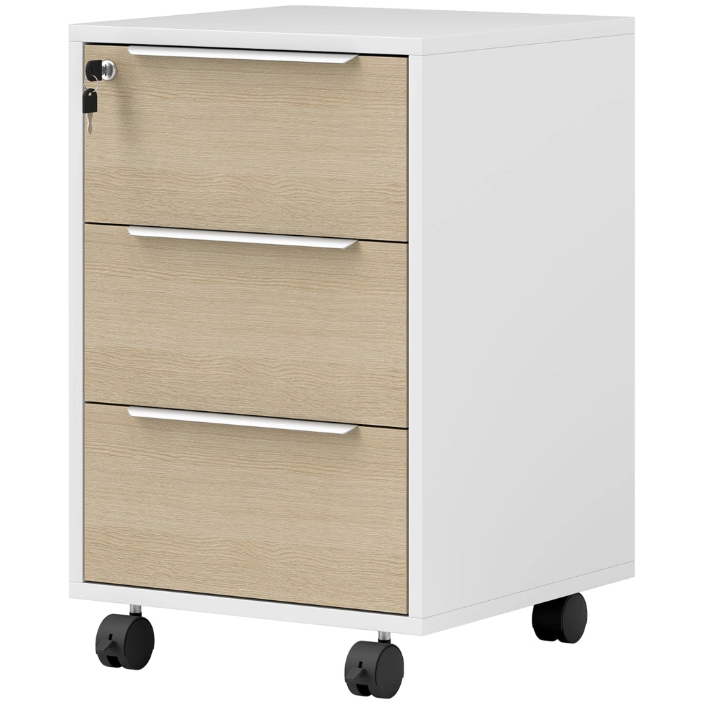 Cassettiera Ufficio con 3 Cassetti e 4 Ruote ¨C Zephmum ¨C Bianco e Rovere 60x40x70 cm