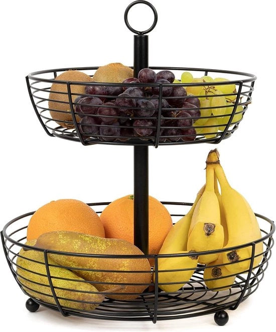 Etagère a due livelli infinita - nera lucida - grandi piatti rotondi per frutta - presentazione frutta - frutta in stile - frutta su un vassoio - H 33 cm - D 29 cm