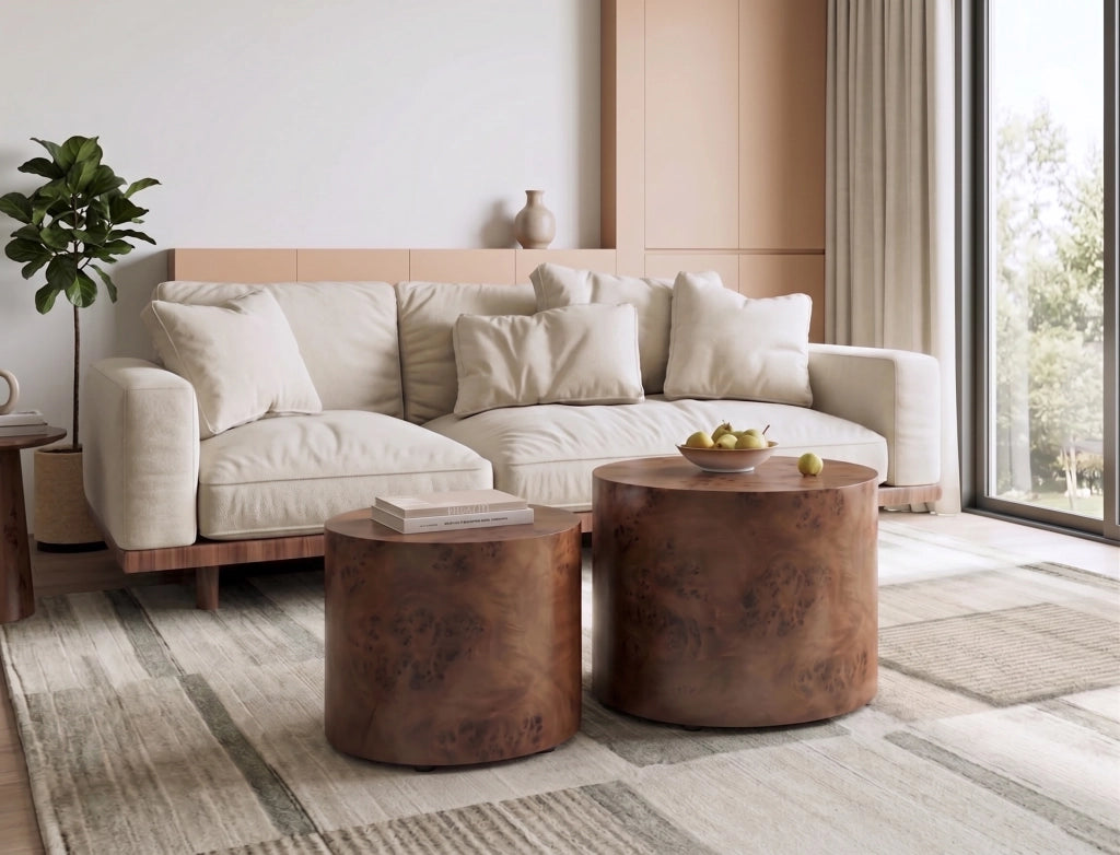 Tavolini bassi impilabili da 2 pezzi in legno massello e MDF, effetto burl, per soggiorno e camera da letto