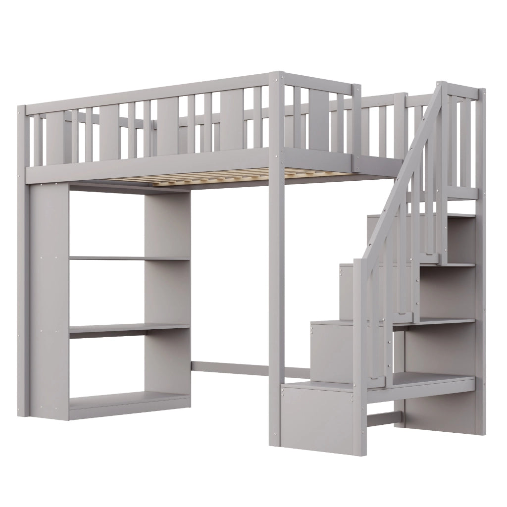 OKWISH Letto a Soppalco 90×200 cm, Letto Singolo con Scala Contenitore, 3 Scomparti e Sponda di Sicurezza, senza Materasso, Legno, Grigio